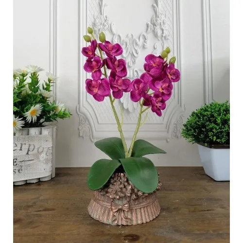 Nettenevime Concrete Plug Artificial Orchid Bronze Color Bow Fuchsia Mini Orchid In Pots