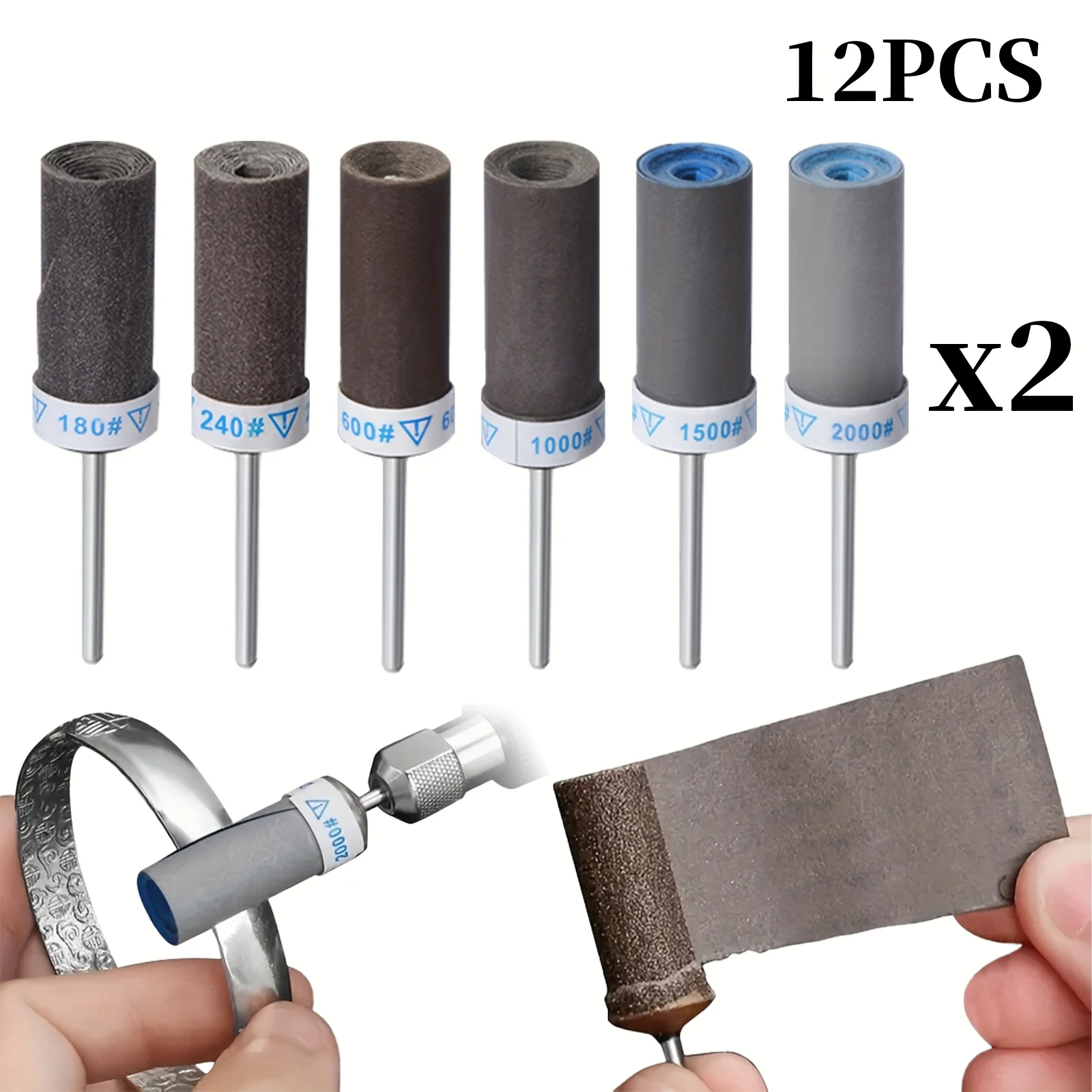 12PCS Sanding Drum Set, 6 Grits (180#-2000#), For Rotary Tools, Polishing, Grinding & Shaping Metal, Wood, Plastic