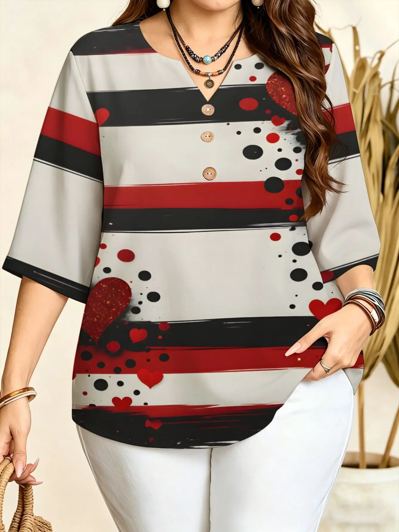 5 Styles Horizontal Striped Blouses Notch V Neck 3/4 Sleeve Loose Plus Size Women Casual Tops
