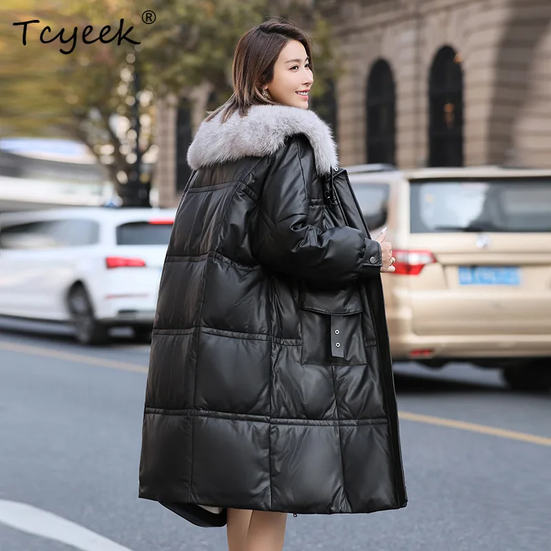 Tcyeek جلد الغنم الحقيقي الخريف الشتاء الأبيض بطة أسفل أسود متوسط طويل المرأة سترة جلدية حقيقية Жensarska Kostangnya Kursatka