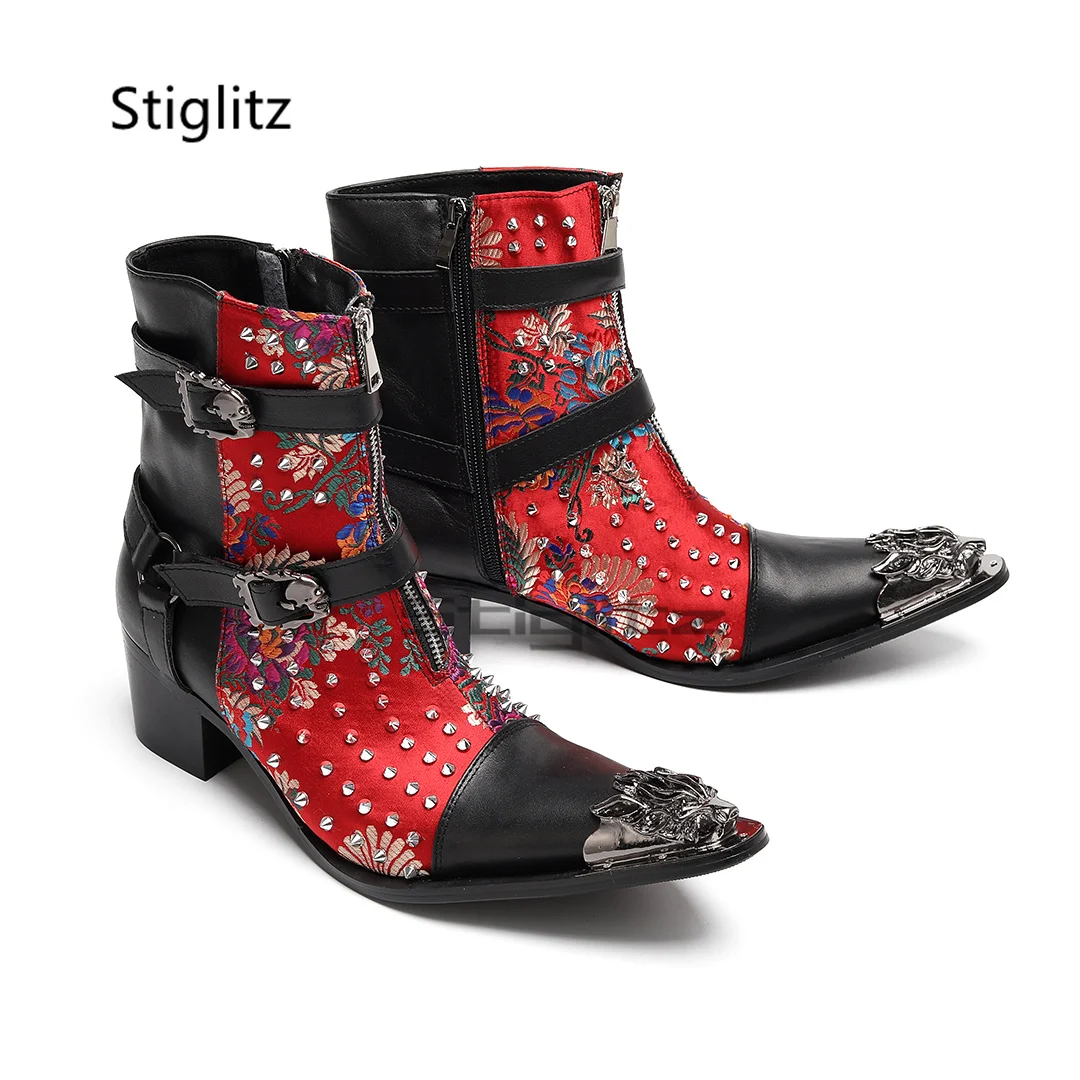 Embroidery Rivet Men's Chelsea Boots Metal Buckle Iron Pointed Toe Genuine Leather Patchwork Ankle Boots High Heels Male Shoes