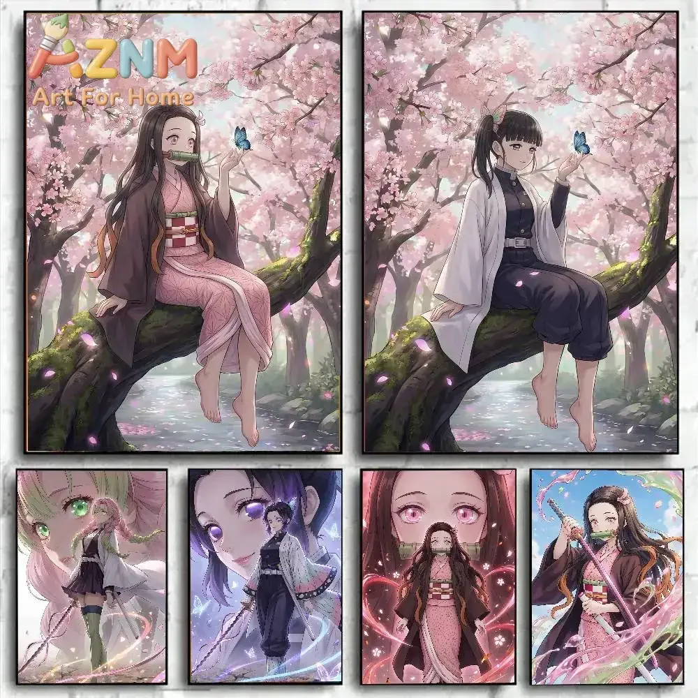 AZNM Demon Slayer Nezuko Anime Sakura Canvas Wall Art Frameless Print Poster for Home Bedroom Living Room Wall Decor