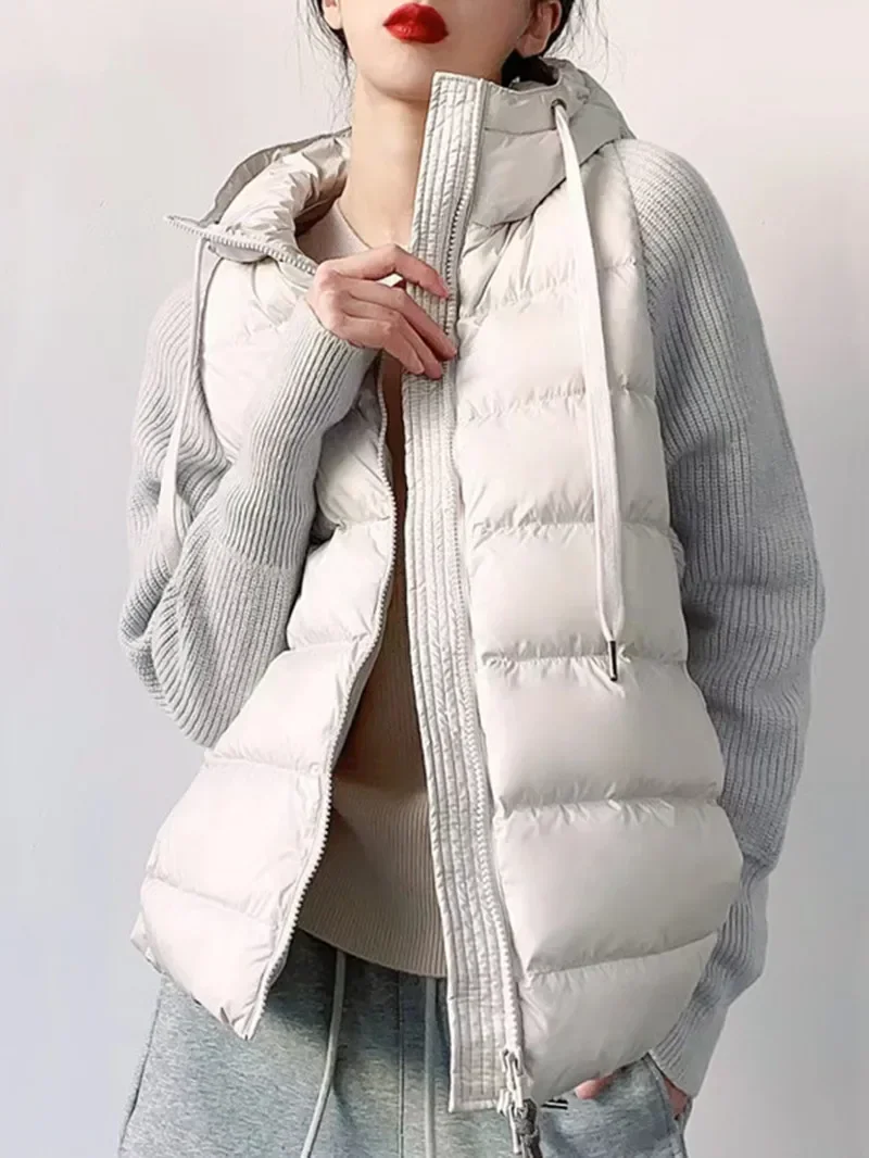 Women\'s Down Jacket 2023 New Winter Wool Cashmere Fake Two Piece Stitching Double Zip Warm Casual Hooded Coat