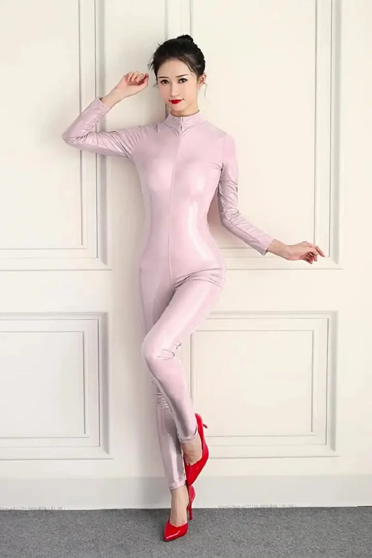 Womens Wet Look Leotard Zipper U-Crotch Bodysuit S-5XL PVC Catsuit Patent Leather Romper Long Sleeve Jumpsuit Fun Skinny Uniform
