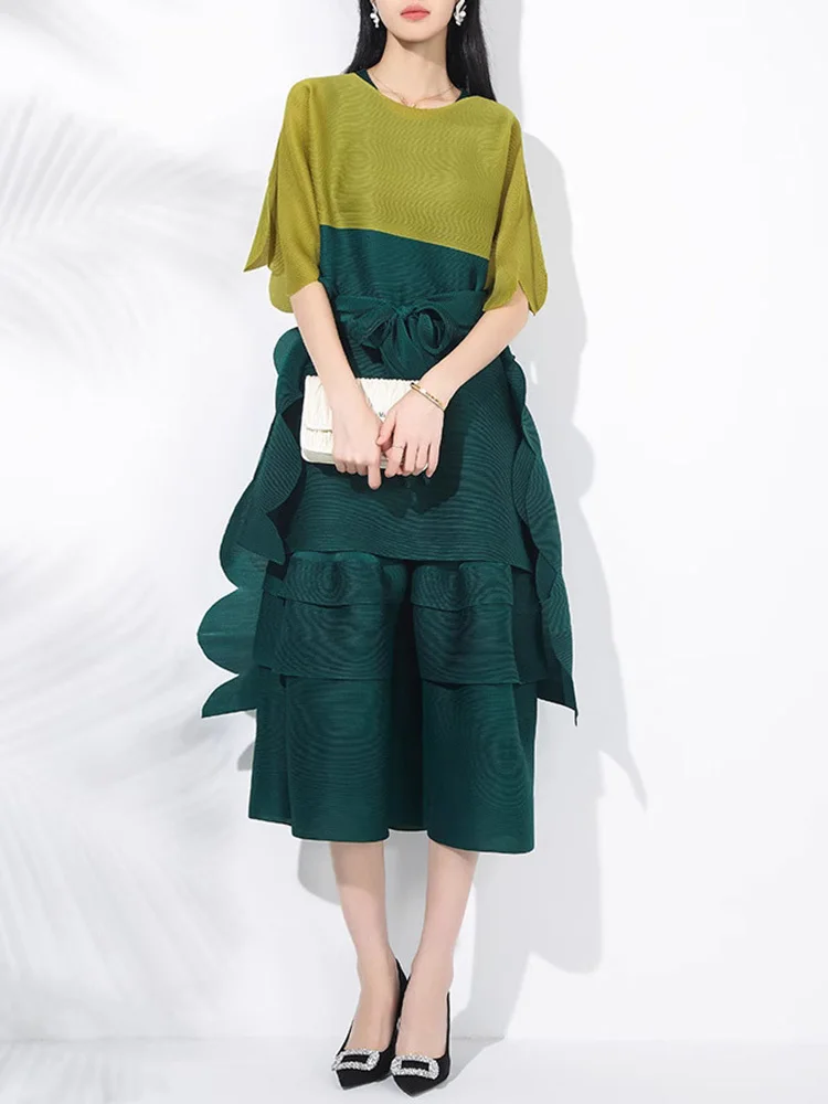 GVUW Pleated Two Piece Sets Women Color Block Fungus Long Coats + A Line Dress Loose Elegant Festival New 2025 Set 17G9434