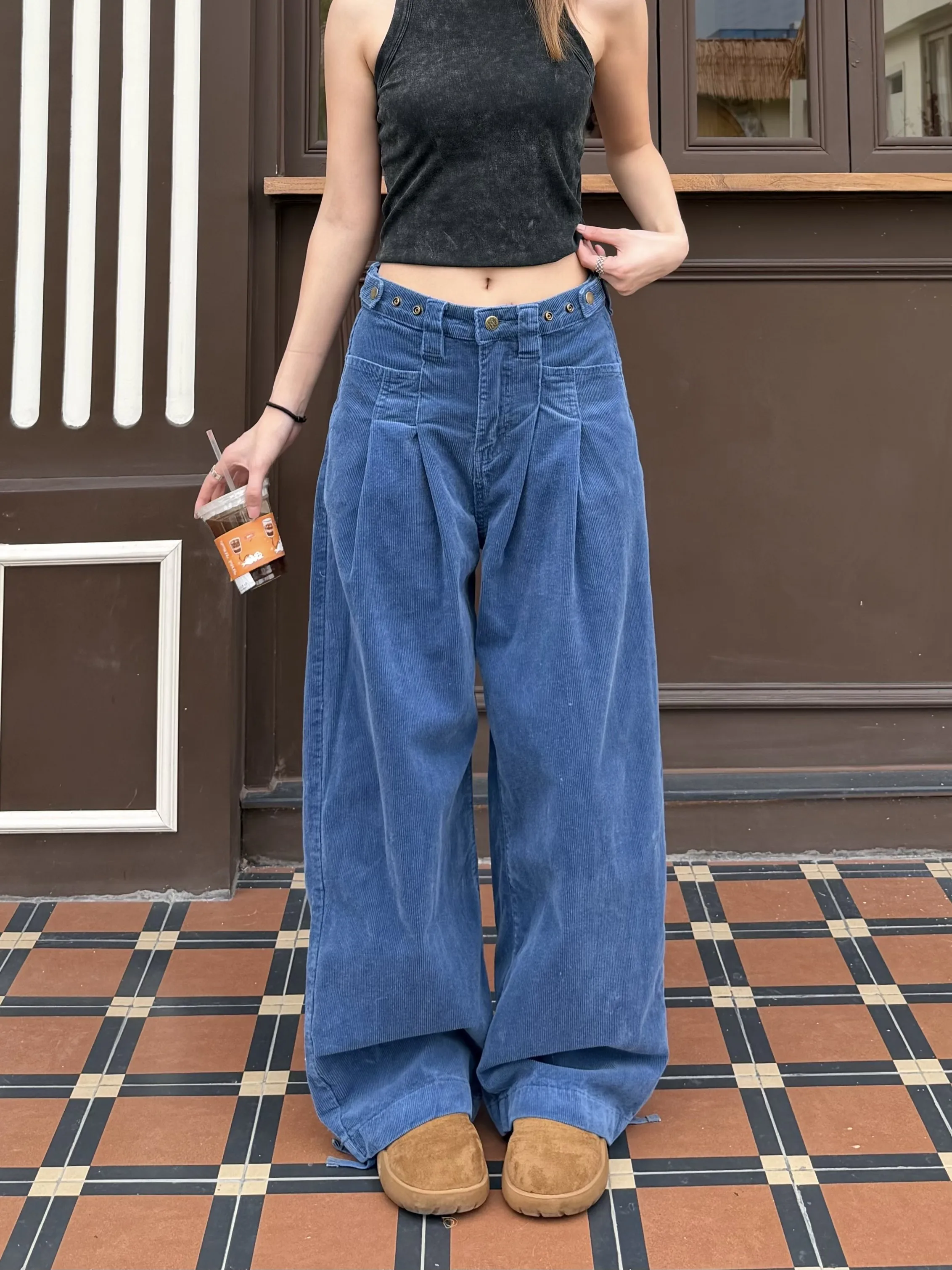 Retro American Waist Adjustable Corduroy Work Pants Men Women Wide Leg  Street Cleanfit Long Trousers Trendy Jeans