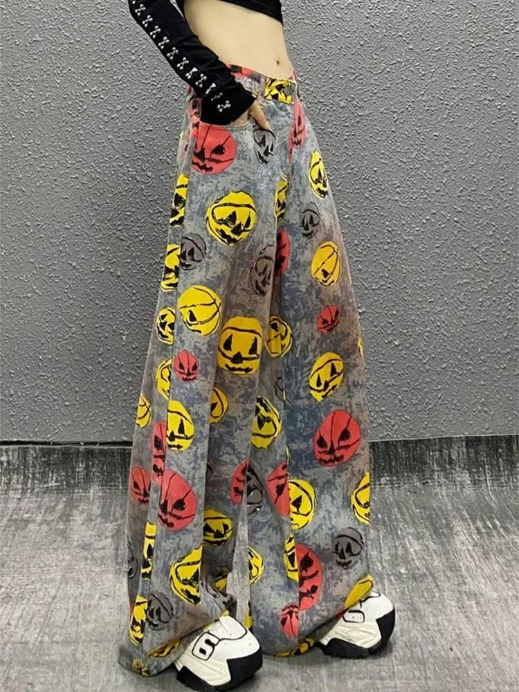 

2025 Women's Spring Summer Colorful Prints Tie-dyed Washed Jeans New High-waisted Loose Versatile Straight Wide-leg Pants