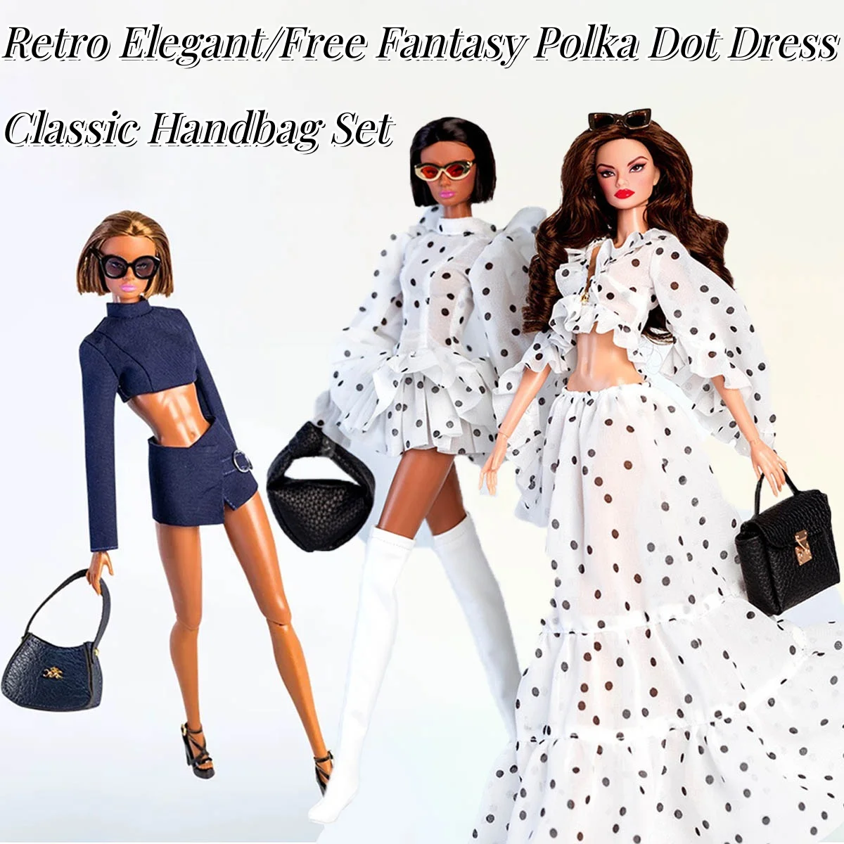 

30cm Supermodel Doll Dress Original Design Retro Elegant/Free Fantasy Polka Dot Dress+Classic Handbag Set 1/6 Doll Daily Wear