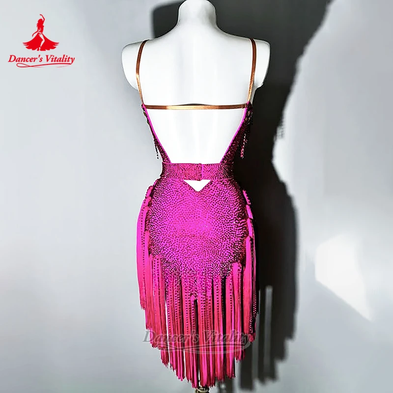 Adult Chacha Samba Jive Sexy High Split Tassels Dress Teenagers AB Stones Deep-V Latin Dancing Wear Customize Dancer's Vitality