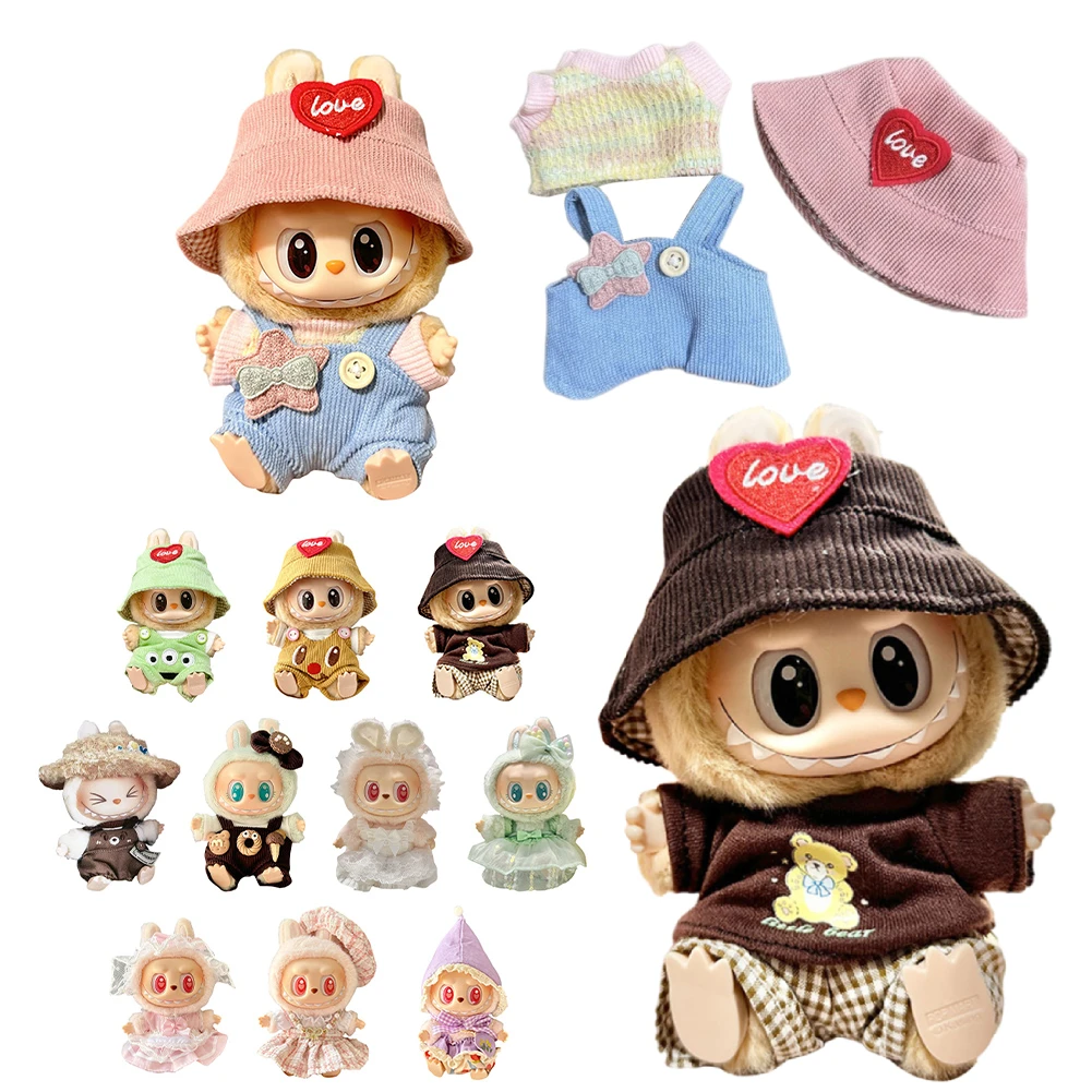 Labubu 17cm Doll Figurine Suitable Clothes Trendy Cute Printed Graffiti Hoodie Cardigan Fisherman Hat Strap Pants Christmas Gift