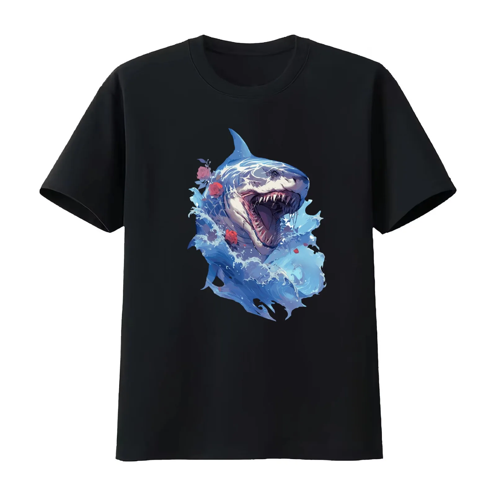 carcharodons great white shark anime style jumping out of ocean hunting pray T-Shirt Summer Casual Cotton Tee Unisex Men Women