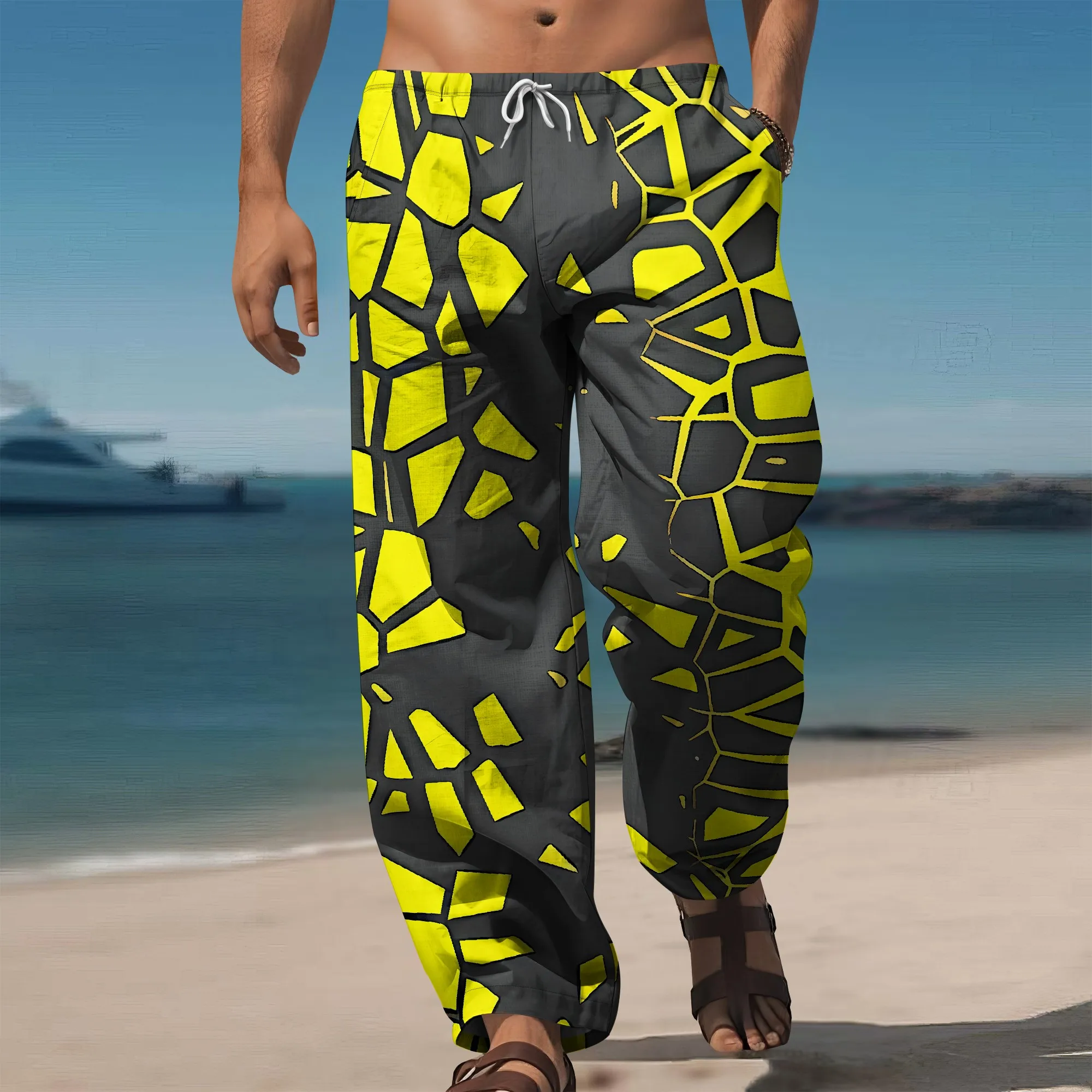 

YEAE Geometric Crack Print Pants for Men Summer Casual Loose Drawstring Trousers