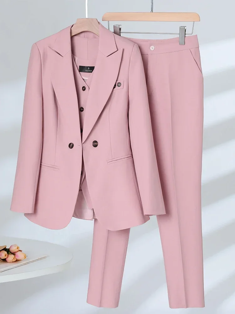 

Women Formal Blazer Vest and Pant Suit Autumn Winter Navy Pink Apricot Office Ladies Business Work Career Wear 3 Pieces Set RE19