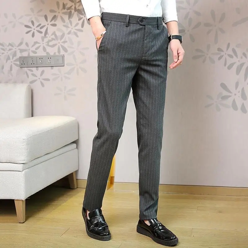 Men Korean Fashion Classic Striped Print Business Casual Suit Pants Spring Summer Pockets Slim Formal Trousers Pantalones Hombre