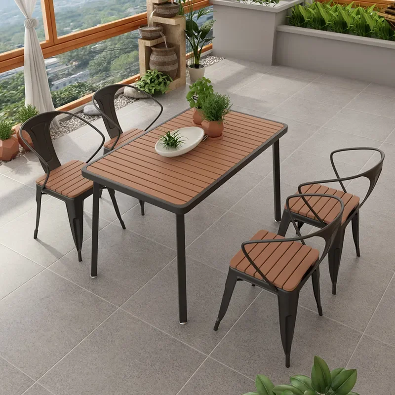 Outdoor Wrought Iron Plastic Wood Table and Chair Set Simple Rust Proof Patio Garden Balcony Barbecue Furniture Combination