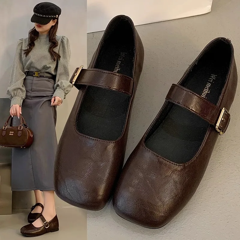Soft Bottom Flat Mary Jane Shoes Spring New Style Evening Breeze Slip-On Retro Low Cut Square Head Bean Shoes Fashionable Cas...