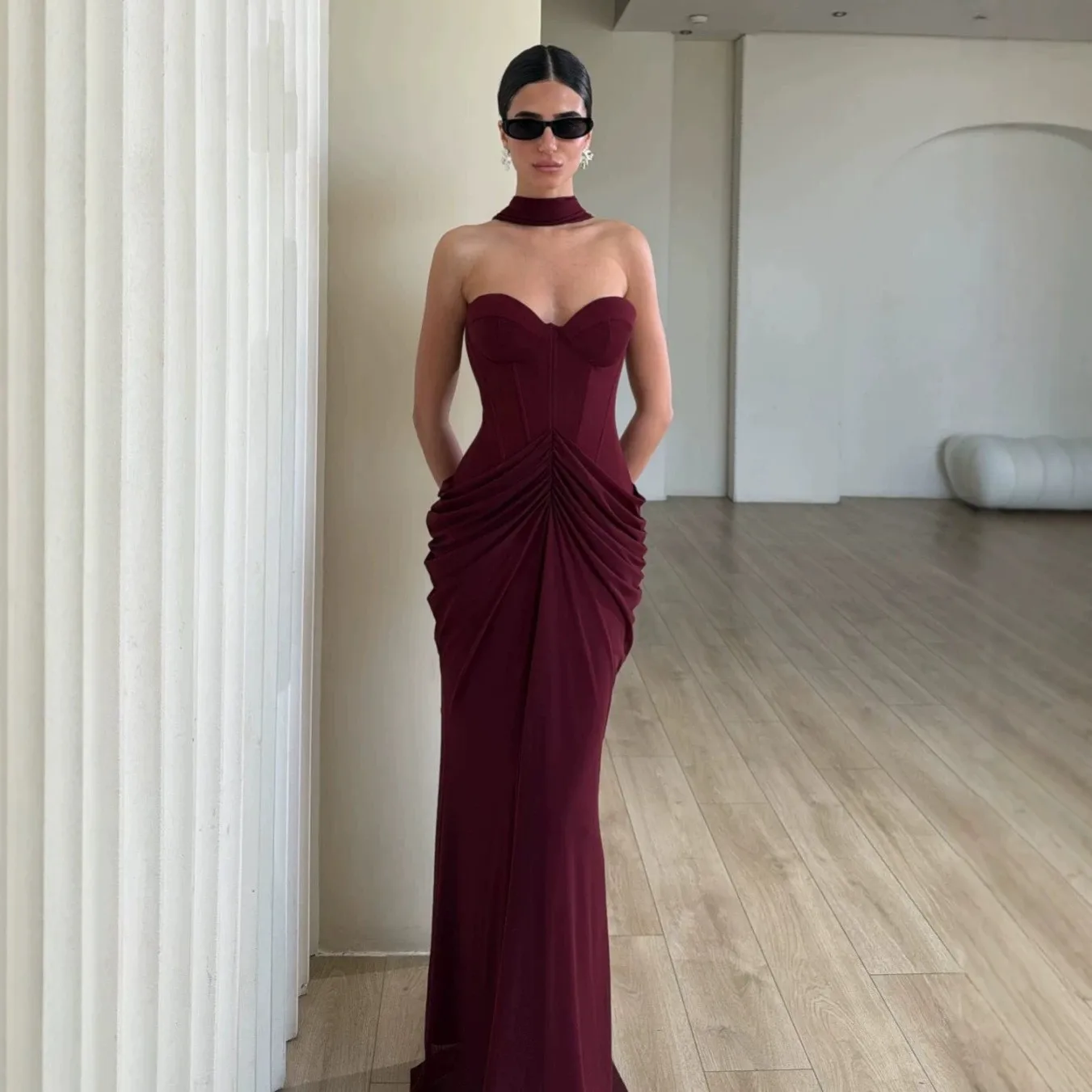 V Neck Slim Fit Gown High Waist Elegant Ladylike with Strapless Maxi Length Zipper Closure Patchwork Long Dress Autumn for Women