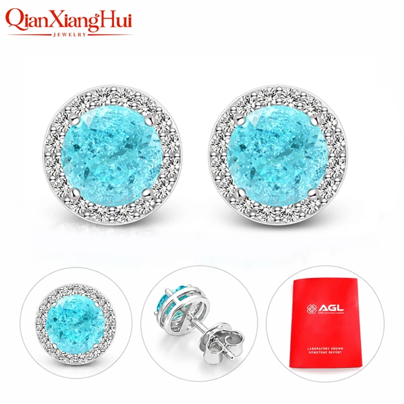 Lab Grown YAG Neon Paraiba Blue and Green with Inclusions 6mm Round Halo Moissanite Bezel S925 Silver with 8mm Earrings Jewelry