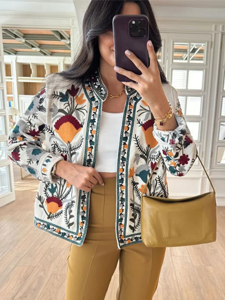 

Autumn Colorful Flower Print Casual Warm Coat Fashion Long Sleeve Stand Collar Women Cotton Jacket Lady Vacation Commute Outwear