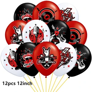Balonları şenlik, müzik, gitar, grup, mikrofon, afiş, doğum günün kutlu olsun, radyoda ve kek toppers dekoruna sallayın ve yuvarlayın Partinin 6 büyük satışı, rock and roll dekoru - №2