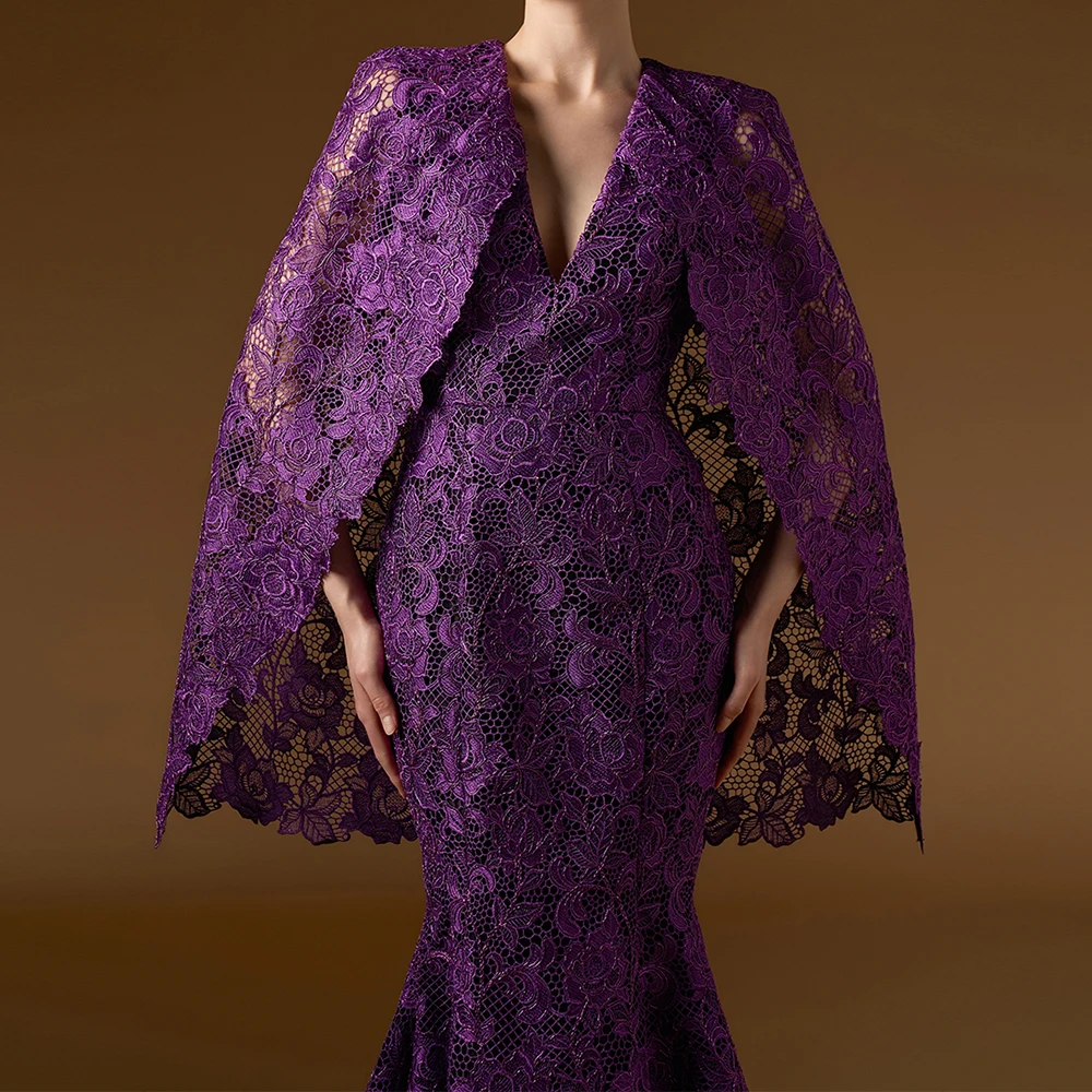 Robe de soirée de forme sirène, personnalisée, longueur au sol, col en v, sans manches, mode, étole en dentelle, drapée Simple, robe de soirée décontractée