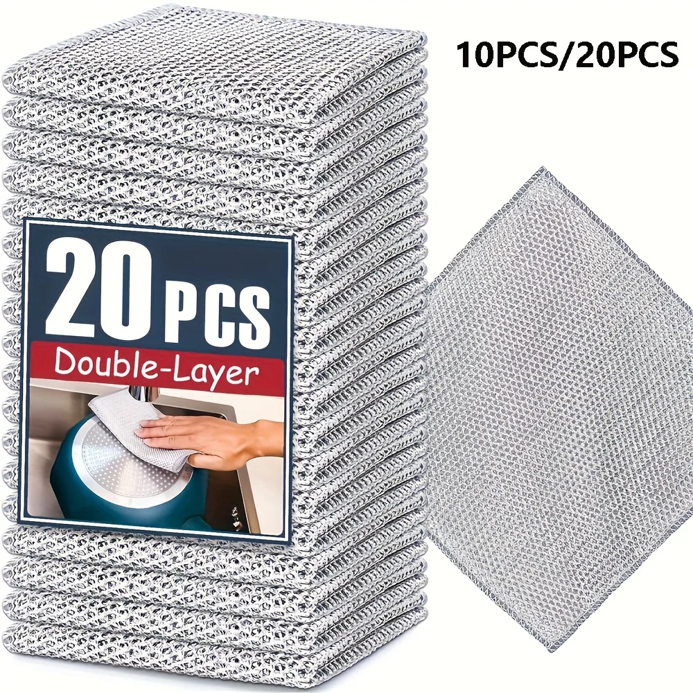20-5Pcs Non-Scratch Steel Wire Microfiber Cloth Double Layer Thickened Dish Rag Pot Scrubber Kitchen Cleaning Towel