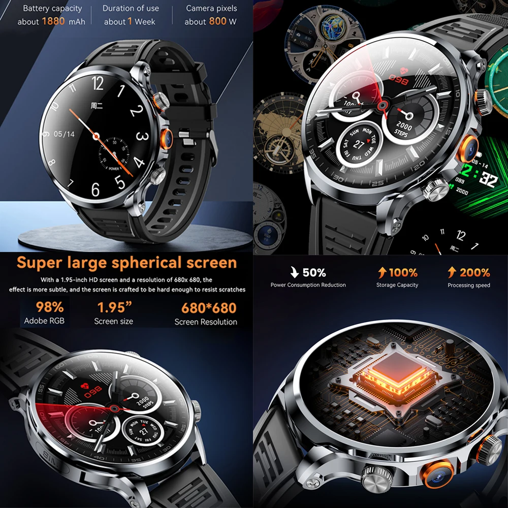 5G/4G Smart Watch 1.95 inch AMOLED 1880mah Battery 16GB+256GB RAM 800W Camera GPS WIFI Google APP Download Heart Rate Smartwatch
