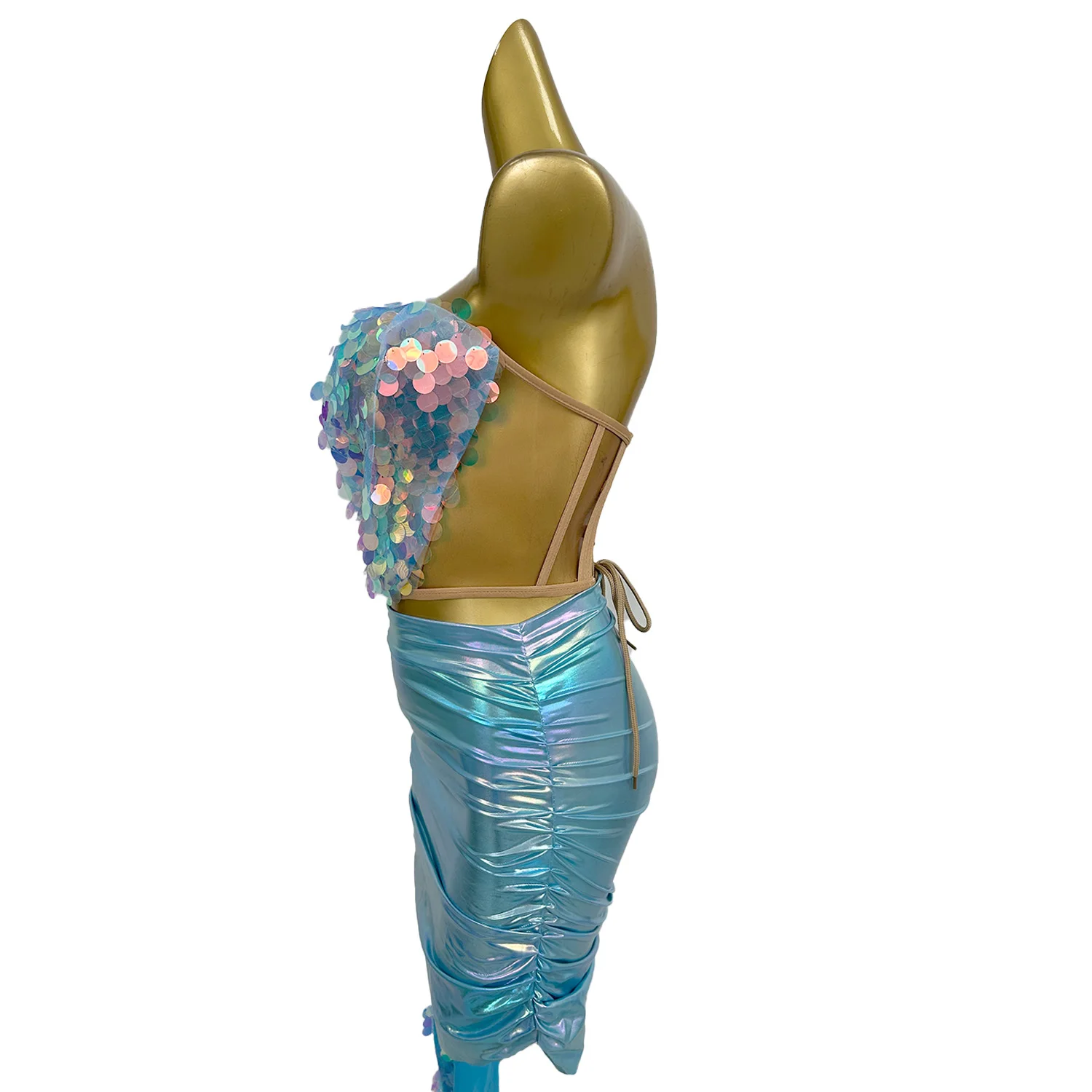 

Модные женские сексуальные укороченные топы, мини-юбка, комплект из 2 предметов для ночного клуба, блестящие блестки, элитный наряд, ультра короткое платье с открытой спиной Yingbi