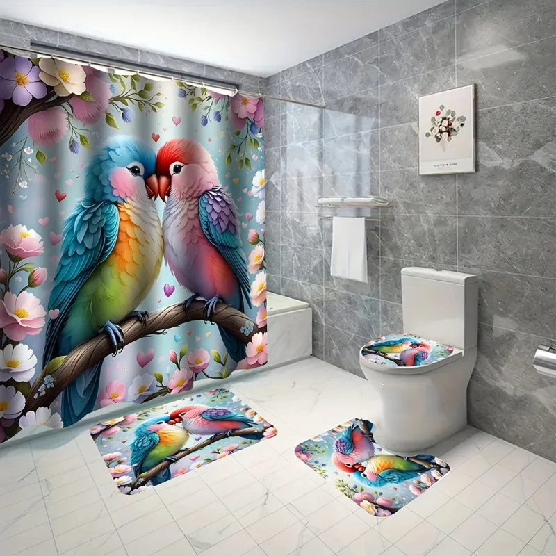 4pcs Two Parrots Art Waterproof Polyester Fabric Shower Curtains, for walk in showers, 12 hooks, with bathroom anti-slip fl