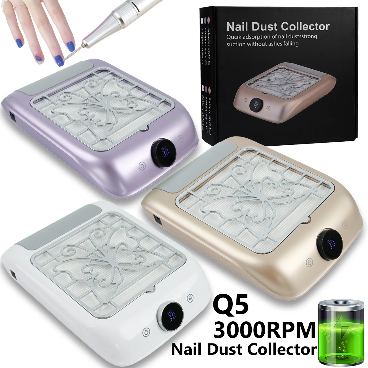 

Rechargeable 3000RPM Nail Dust Collector Adjustable Suction Nail Dust Extractor Manicure Fan Vacuum Cleaner for Salon Use