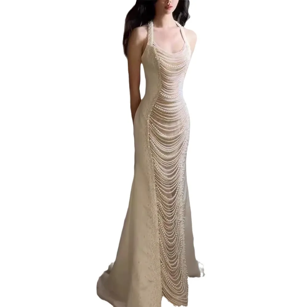 Newest Women Summer Style Prom Dress Halter Sleeveless Handmade Pearl Mermaid Dress 2024 Elegant Evening Dress Robes De Soirée