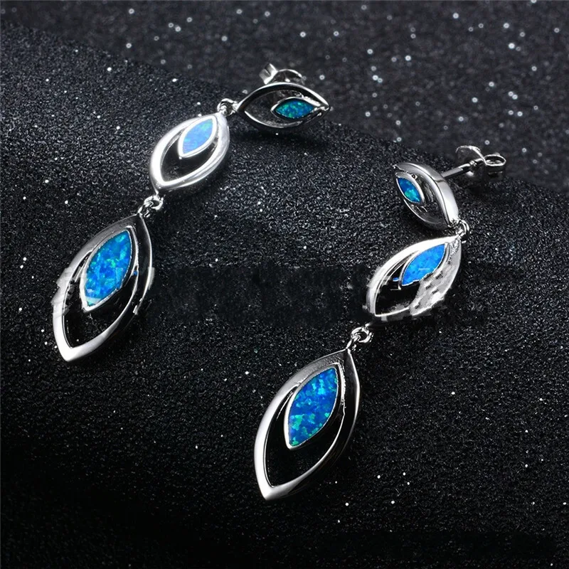 Fashion Silver Blue Simulated Opal Wave Dangle Hoop Stud Earrings Party Jewelry