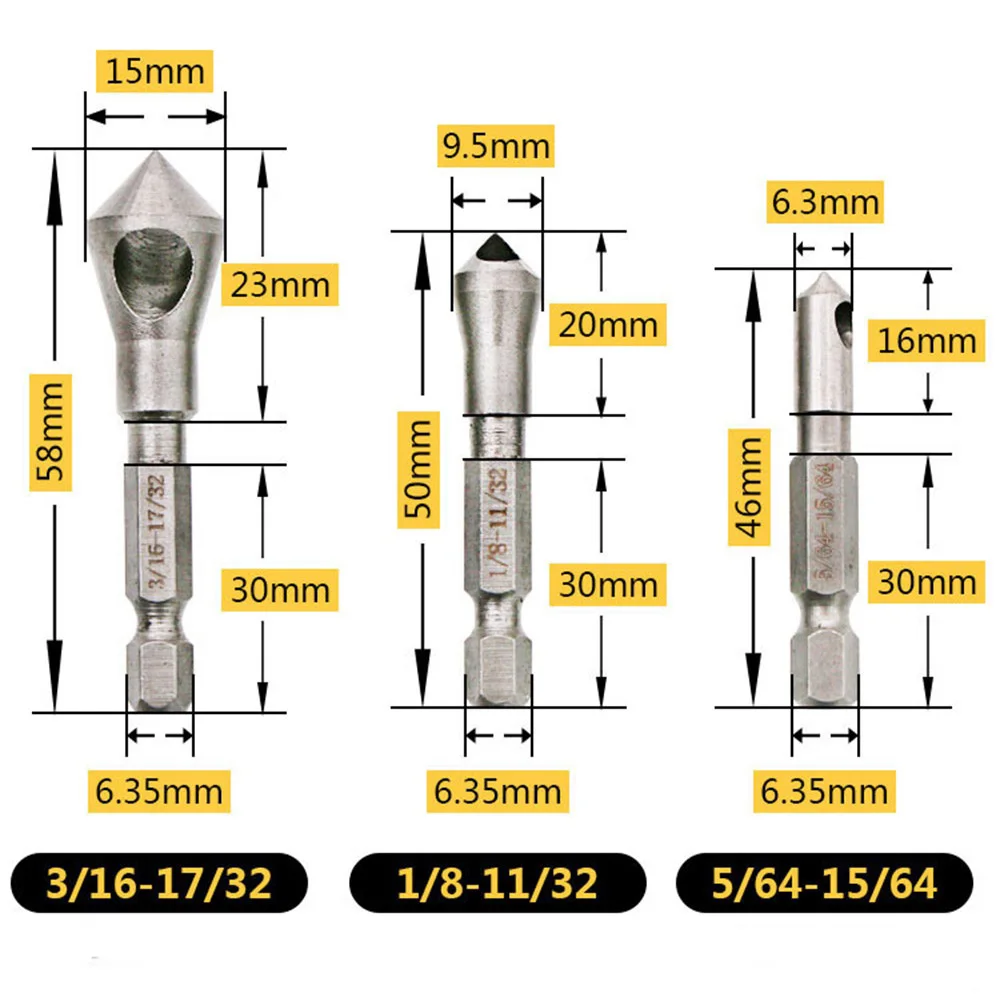 STONEGO 3PCS 90° Countersink Bit Set for Deburring, Tapping, and Chamfering in Wood, Soft Metal, and Plastic