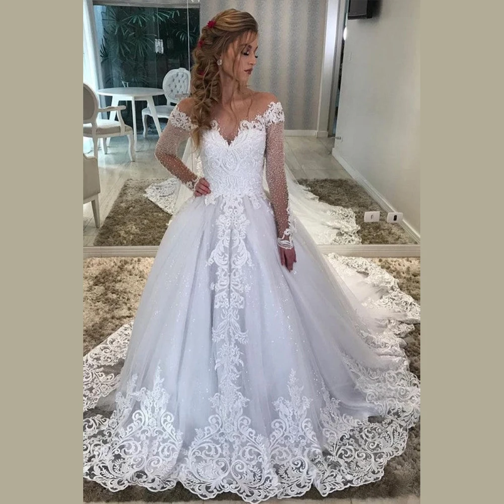 

White A Line Wedding Dresses Long Sleeves Illusion Appliques Beaded Bridal Gown Custom Made Women Marriage Formal Party Clothing