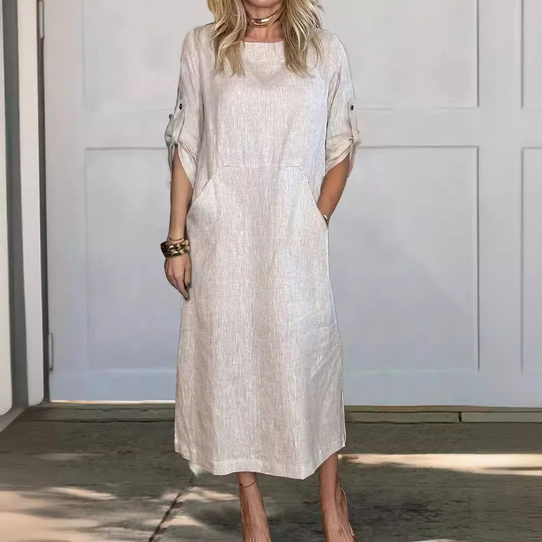 Damska bawełniana lniana długa sukienka z podwójnymi kieszeniami Monochromatyczna sukienka retro z okrągłym dekoltem Wiosna Lato Nowy Casual Lady Robe — zdjęcie 4