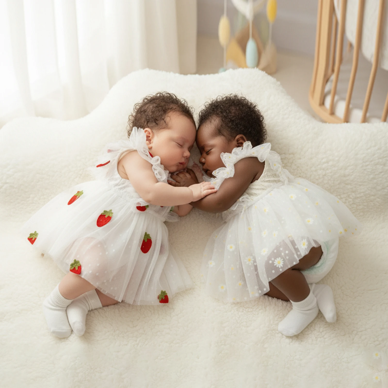 Infant Baby Girl Romper Dress Summer Crew Neck Flying Sleeve Daisy Embroidery/Strawberry Decor Jumpsuit