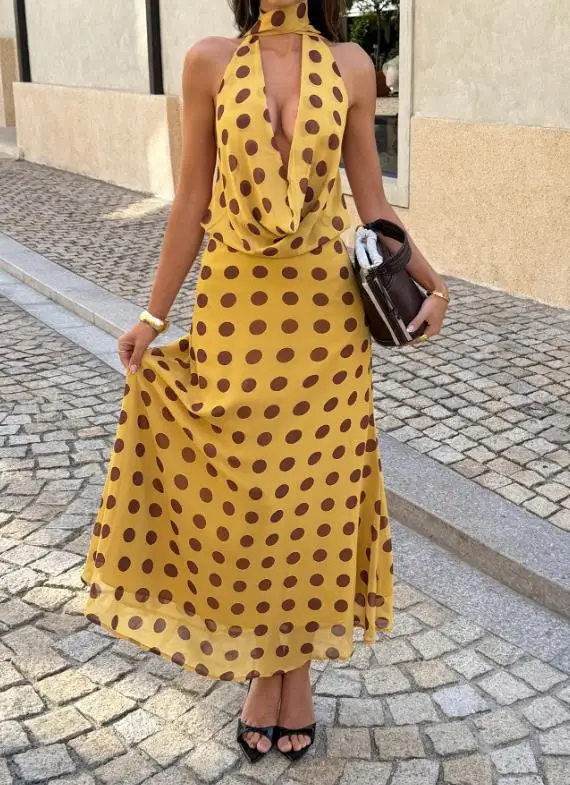 

Women Dresses 2026 Spring Summer New Fashion Retro Polka Dot Print Deep V-Neck Backless Slim Fit Vacation Long Dress