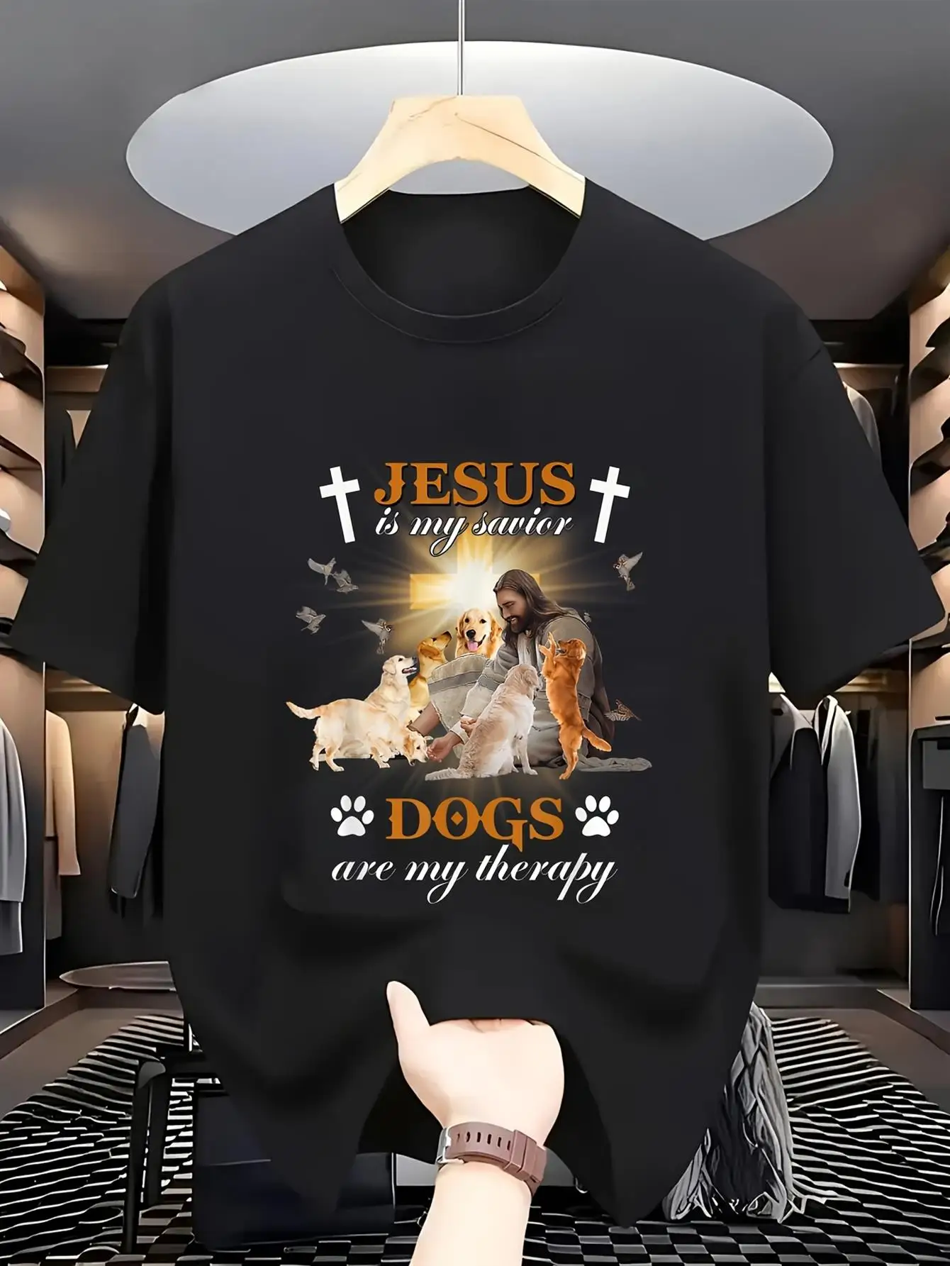 My savior dog is my stress-relief T-shirt, weighing 180 grams, breathable and comfortable, suitable for sports and leisure, with a round neck design, available in black