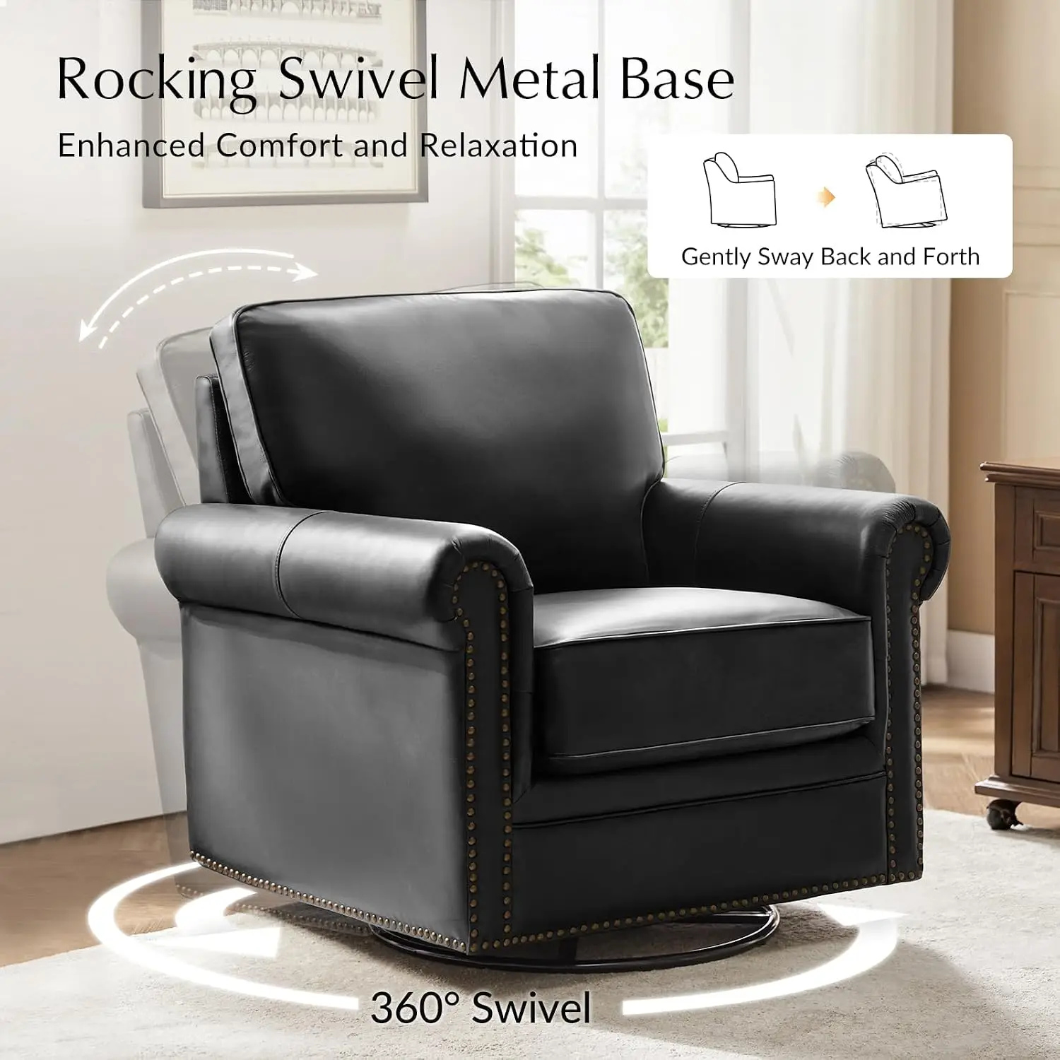 Genuine Leather Swivel Rocker Chairs Set of 2, Black