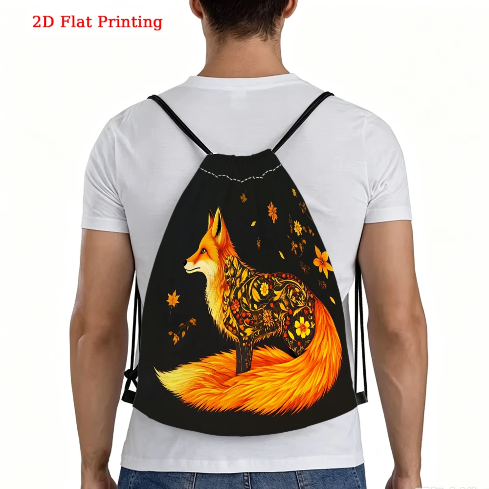 2D Flat Printing, Drawstring Backpack, Vibrant Fox Pattern, Gym Sports Bag, Outdoor Travel Drawstring Pack