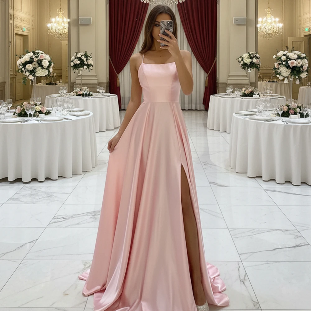 

2026 Pink Spaghetti Straps Satin Prom Dresses Sexy Backless Slit Long A Line Evening Party Gowns Maxi Vestidos CPS3026