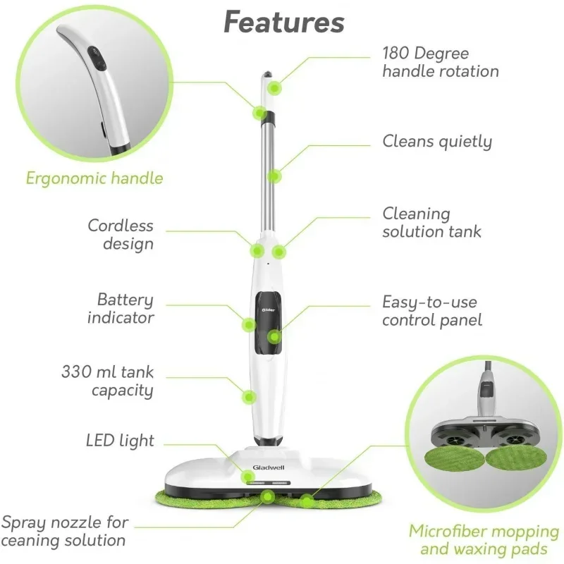 QWCordless Electric Mop,3 in 1 Spinner,Scrubber and Waxer Quiet and Powerful Cleaner,Spin Scrubber and Buffer,Polisher