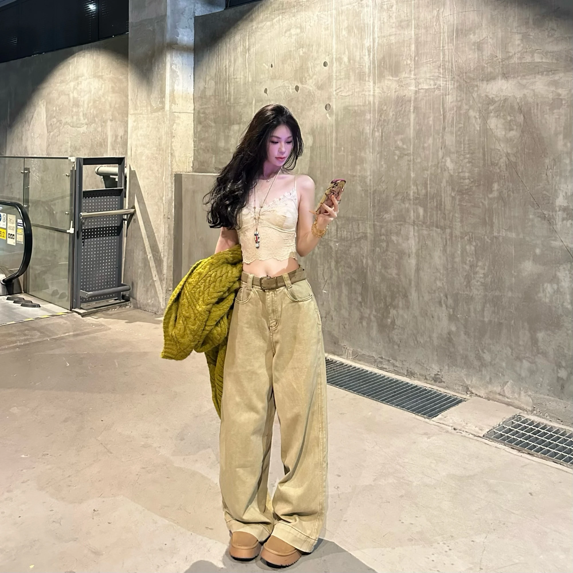 

Джинсы KUKUDEMI в стиле ретро, прямого кроя, с широкими штанинами, с подкладкой, с поясом, высокая талия, длинные, осень 2024