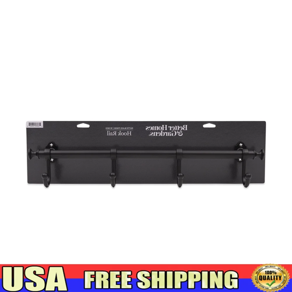 

18 Inch Wall Mounted Metal Hook Rack 4 Hooks Coats Hats Scarves Accessories Easy Installation Matte Black Finish