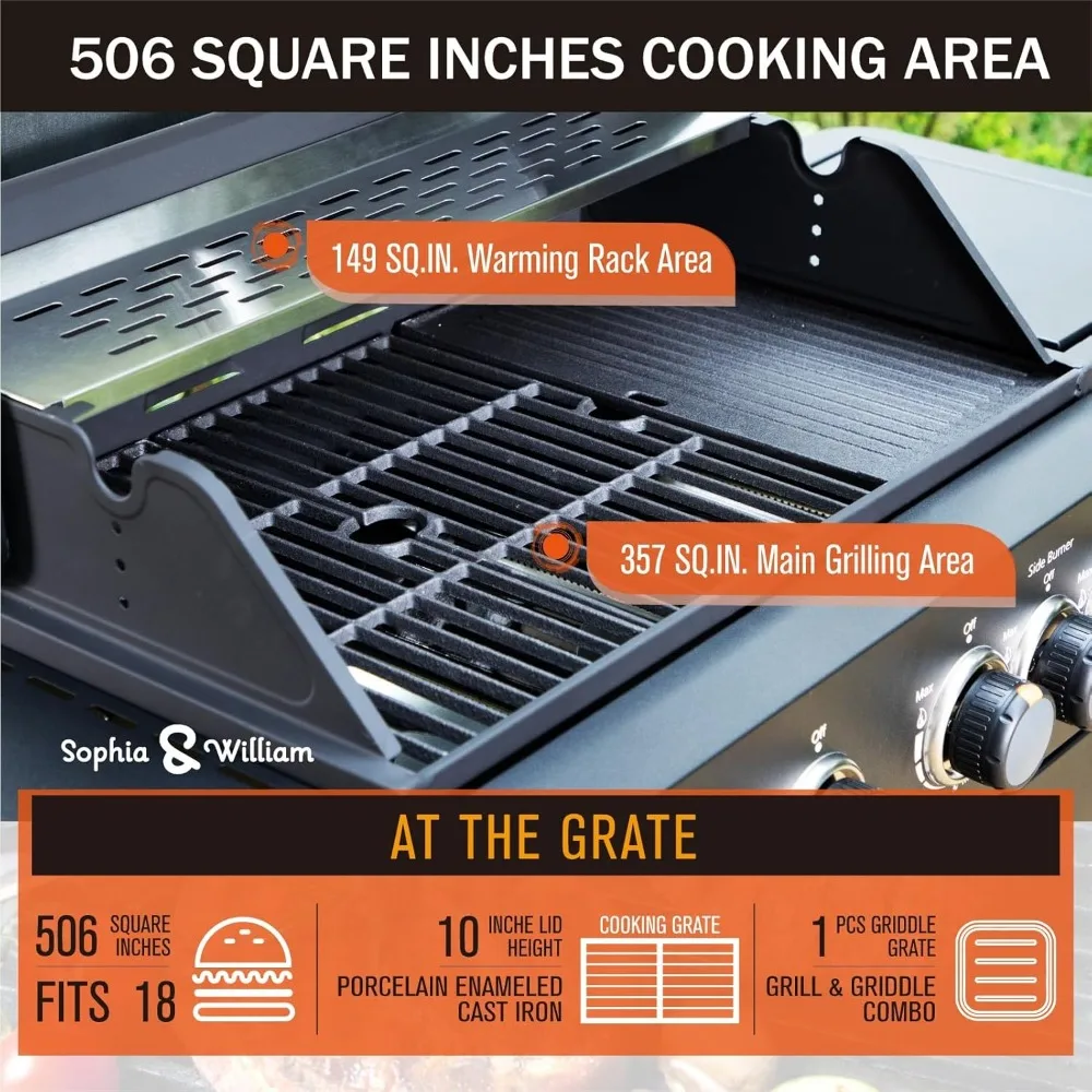 4-Burner Gas BBQ Grill With Side Burner & Porcelain-Enameled Cast Iron Grates Black Outdoor Barbecue Kitchen Utensils Aerogrill