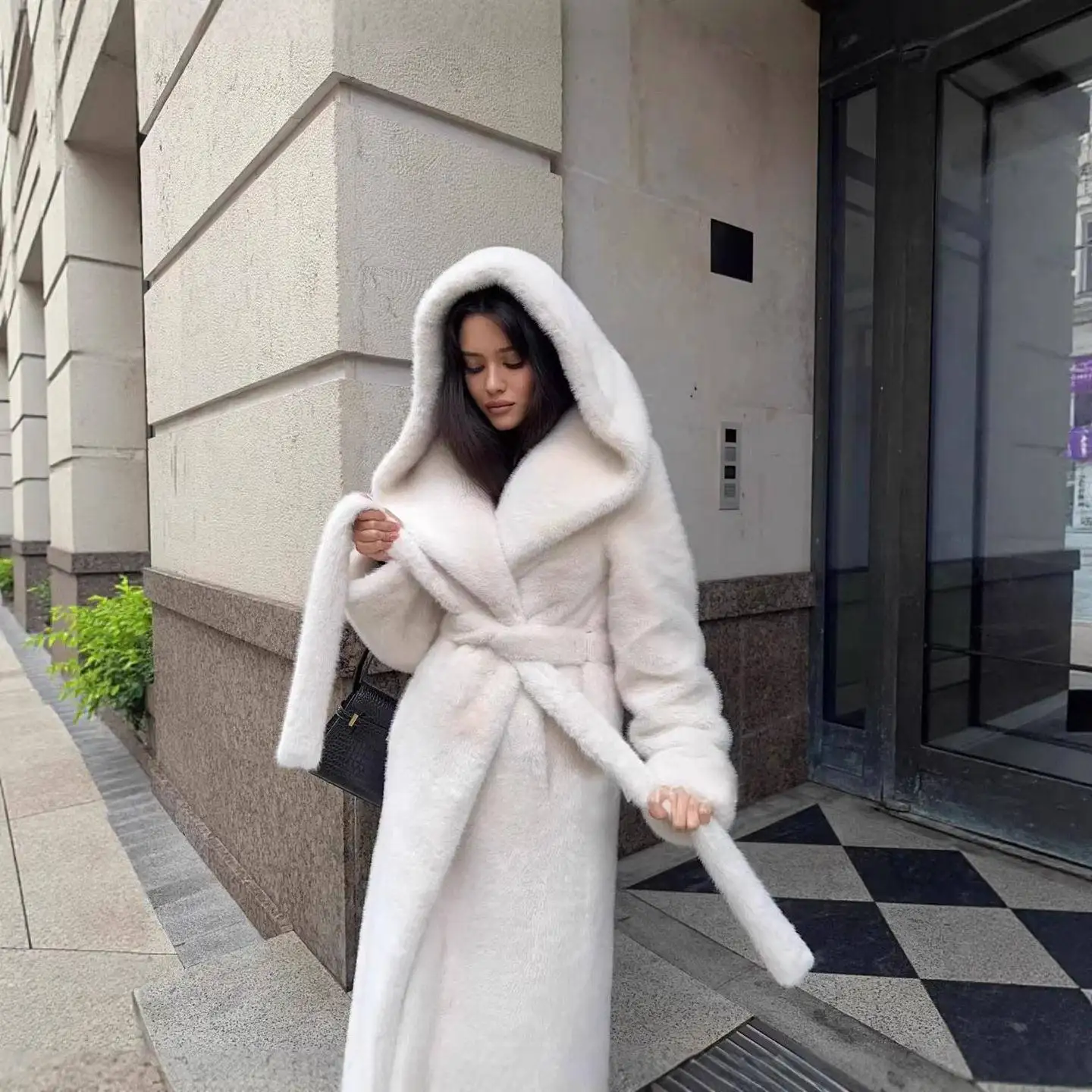 Eco-Friendly Long Hooded Women's Faux Fur Coat Autumn Winter Water Vole Velvet Jacket Warm Soft Stylish European Style