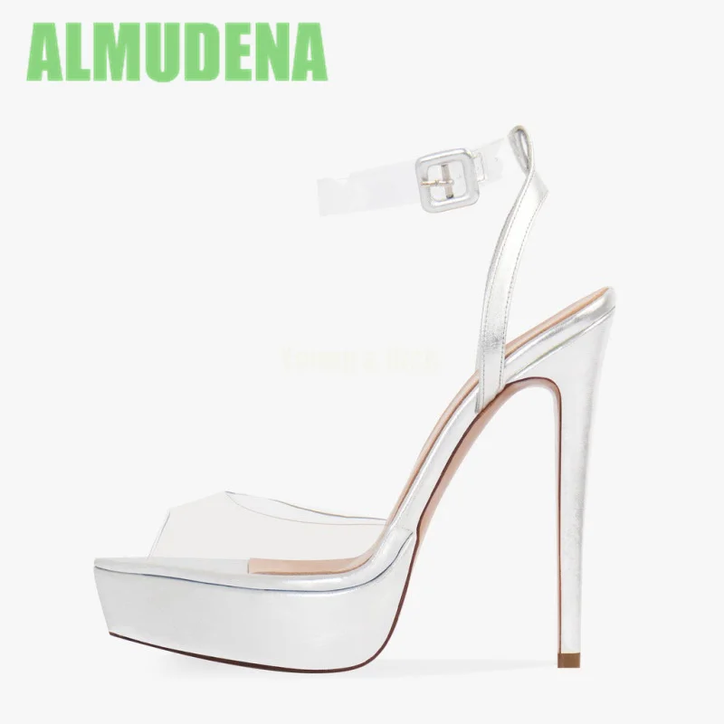 

Thick Soled Waterproof Platform Buckle Sandals Transparent Strap Design Thick Heel White Simple Temperament Fashion Sandals