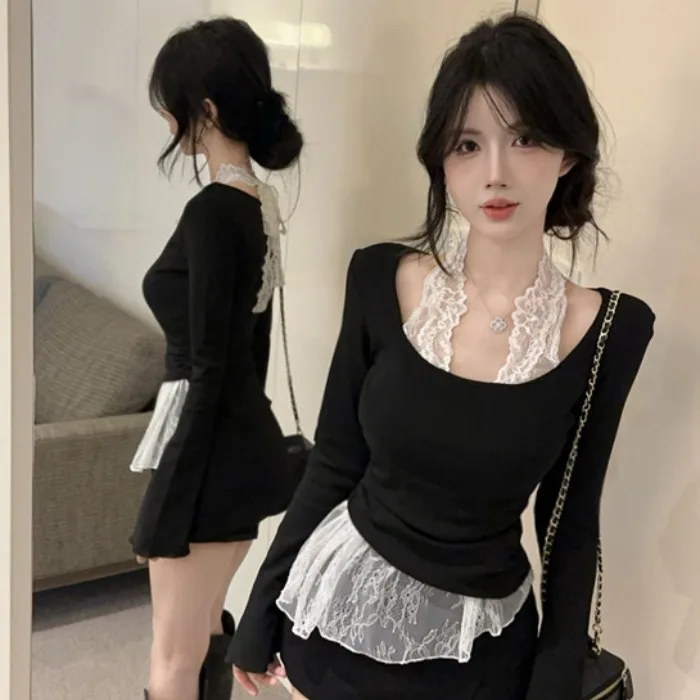 Ele puro desejo renda ne pendurado longo sve fce forrado base de ajuste fino irt outono inverno novo sle feminino faion topo