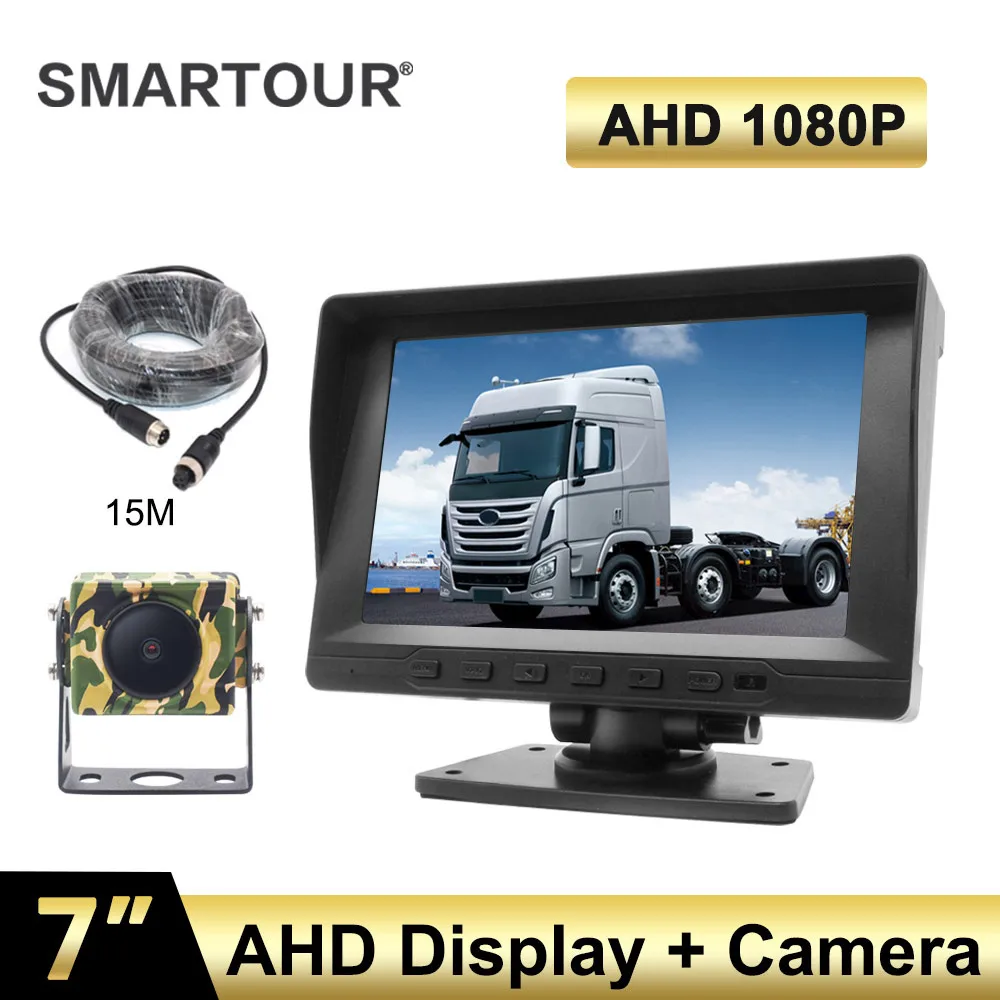 

7" AHD 1080P Monitor Car Rear View Kit + 4Pin Fisheye Parking Reversing Backup Camera 15m Cable for Bus Truck Motorhome 12V-24V