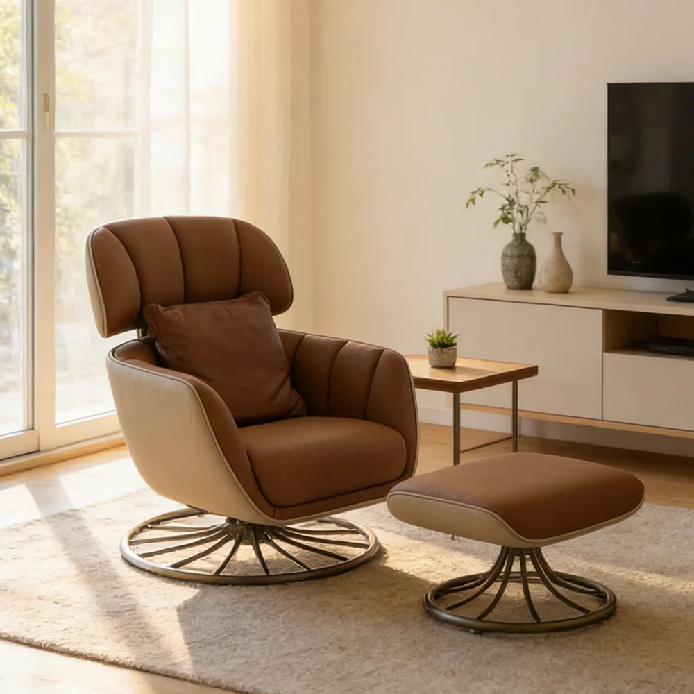 

tyModern Luxury Leather Lounge Armchair Swivel Recliner Ergonomic Living Room Accent Chair With Ottoman Footstool@